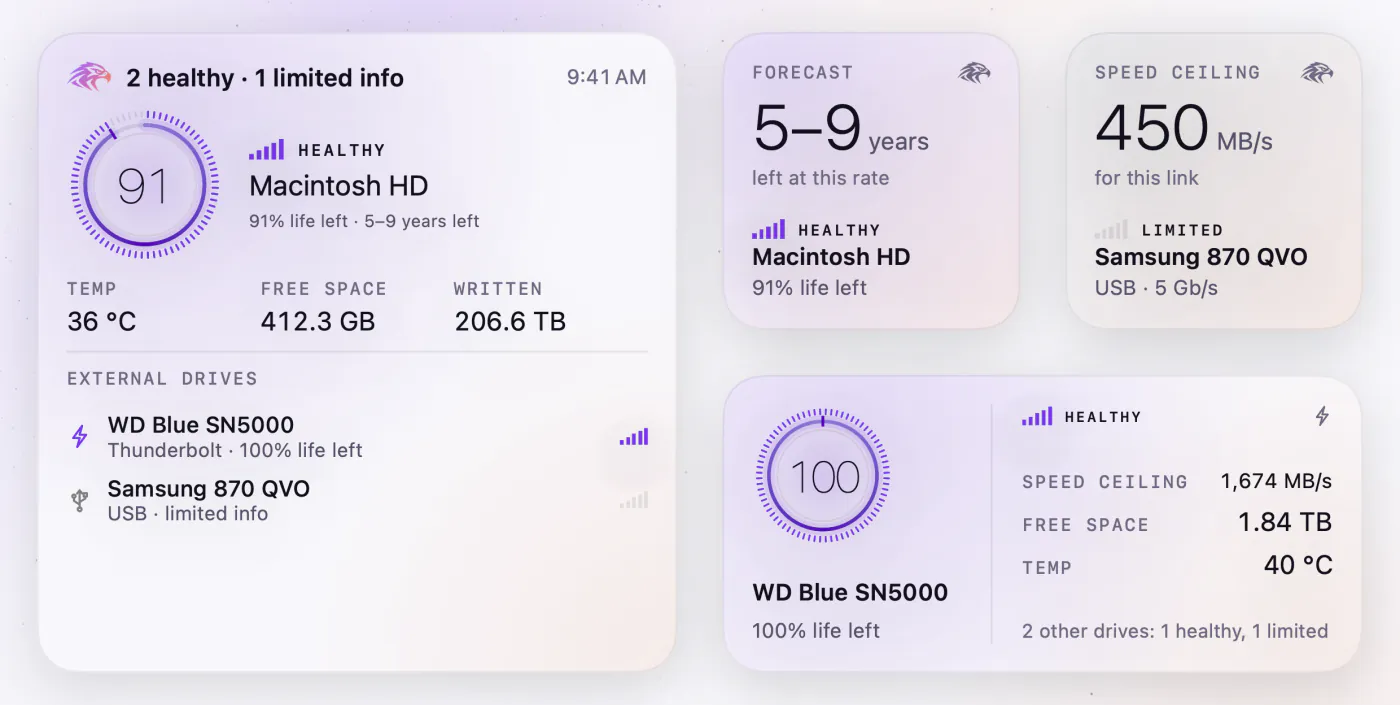 Three SSDHero desktop widgets. Large: “2 healthy · 1 limited info”, Macintosh HD at 91, Healthy, 91% life left and 5–9 years left, with temperature, free space and data written, then two external drives. Two small ones: a 5–9 year forecast for Macintosh HD, and a 450 MB/s speed ceiling for a USB drive with limited info. Medium: WD Blue SN5000 at 100, with its speed ceiling, free space and temperature, and a line about the other drives.